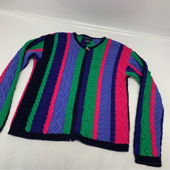 Vtg Eagle Eye Cable Knit Sweater Woman Small Full Zip Rainbow Cotton Rami Warm - Picture 7 of 12